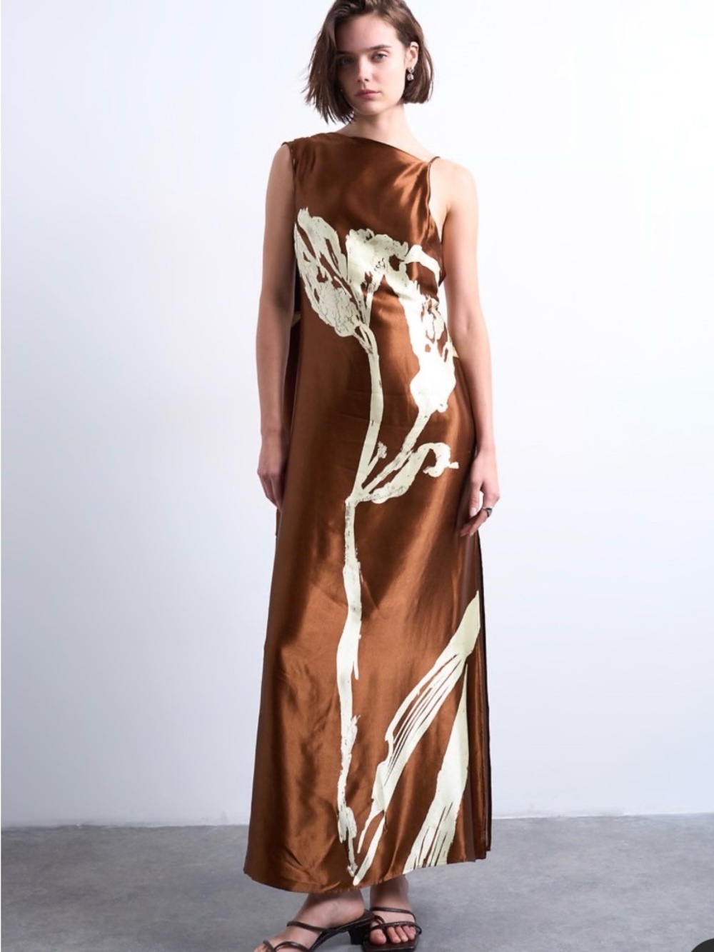 Topshop ruched side midi dress with drape back detail in brown and floral